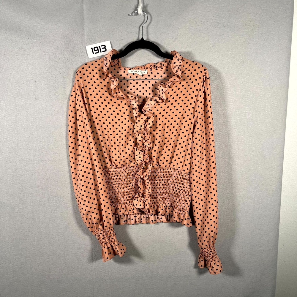 Haute Monde Blouse Top Women Medium Peach Polka Dot Ruffle Details Smocked Waist